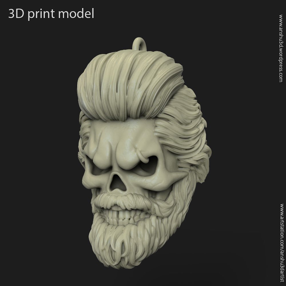 skull beared vol1 pendant ornament jewel chain silver beard mustache biker fashion 3D print model - Mito3D
