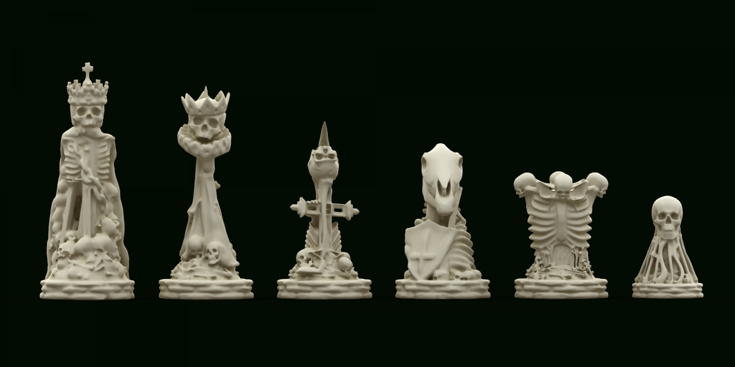 skull chess - complete set 6 pieces 3d print model in board games 3dexport chesspiece bishop boardgame skeleton chess-set 3dprint 3dmodel blender blender3d king queen knight rook pawn 3D print model - Mito3D