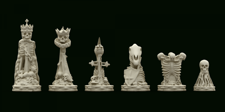 skull chess - complete set 6 pieces 3d print model in board games 3dexport chesspiece bishop boardgame skeleton chess-set 3dprint 3dmodel blender blender3d king queen knight rook pawn 3d print model - Mito3D