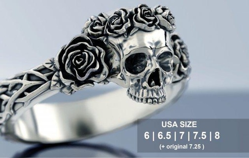 skull roses ring rings rose rock flower skeleton blackthorn thorn female mexico mystic silver jewelry skullring vintage wedding jewellery mexican 3d print model - Mito3D