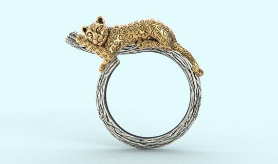 sleeping leopard ring rings puma lion cat tree branch wild sleep nature animal jewelry gold silver art jewellery relax original bengal gem 3d print model - Mito3D