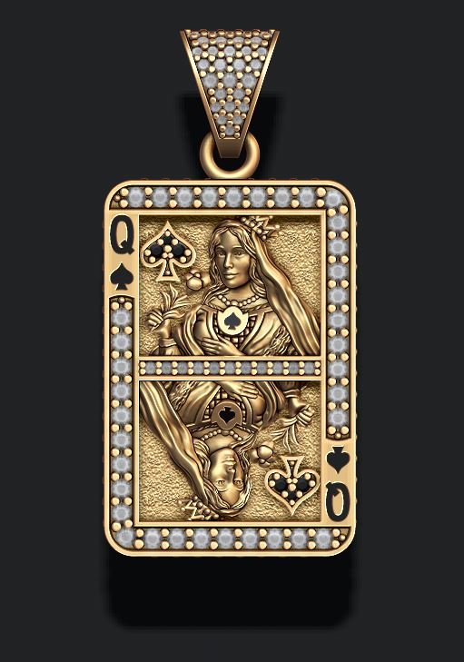 pá rainha de cartão jogo pingente azar jack secretária o rei cheio poker casino roleta carrinho kart kard diamante esmalte jóias ouro prata coração 3D print model - Mito3D
