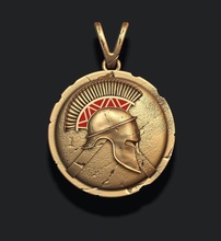 spartan capacete, escudo pingente grego esparta antiga grécia de corinto bronze o gladiador guerreiro armadura a guerra antiguidades romano espada lutador idade jóias colares esmalte 3d print model - Mito3D