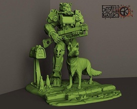 statuette game fallout armor t-60 dog 3d print model in figurines 3dexport character hero robot rifle laser nuclear friend armored ruins knight exoskeleton protection helmet 3d print model - Mito3D