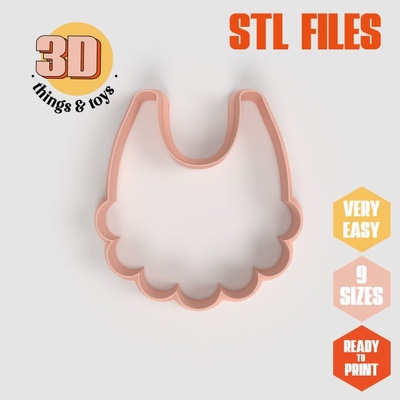 stl baby bib shaped cutter set - 9 sizes perfect biscuits jewelry making crafts unique 3d print model in kitchen dining 3dexport cookiecutter biscuit cake molding tool bakery-products polymeric-clay-cutters clay-spatulated gift kitchen-furniture utensils fun 3dprinterfile baby-furniture babyboss 3d print model - Mito3D