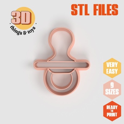 stl baby pacifier shaped cutter set - 9 sizes perfect biscuits jewelry making crafts unique 3d print model in kitchen dining 3dexport cookiecutter biscuit cake molding tool bakery-products polymeric-clay-cutters clay-spatulated gift kitchen-furniture utensils fun 3dprinterfile baby-furniture babyboss 3d print model - Mito3D