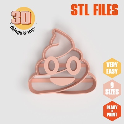stl emoji poop shape cutter set - 9 sizes perfect biscuits jewelry making crafts unique 3d print model in kitchen dining 3dexport cookiecutter biscuit cake molding tool bakery-products polymeric-clay-cutters clay-spatulated gift kitchen-furniture utensils shaped fun 3dprinterfile chat pooping bathroom smell 3d print model - Mito3D
