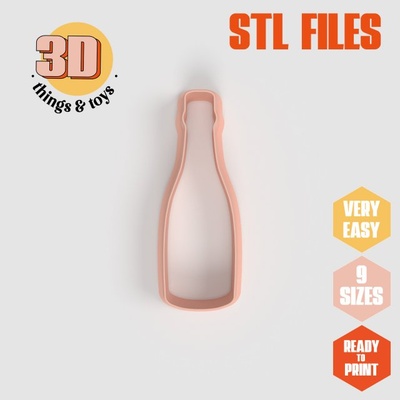 stl party bottle champagne shape cutter- 9 sizes perfect biscuits jewelry making crafts unique 3d print model in kitchen dining 3dexport cookiecutter biscuit cake molding tool bakery-products polymeric-clay-cutters clay-spatulated gift kitchen-furniture utensils shaped fun 3dprinterfile drink bar barman 3d print model - Mito3D