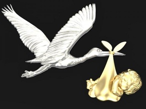stork carries a newborn baby 3d print model in 3dexport jewelry printable pendant gold beast wild silver stl 3ds obj cad high poligonal nature animal 3d print model - Mito3D