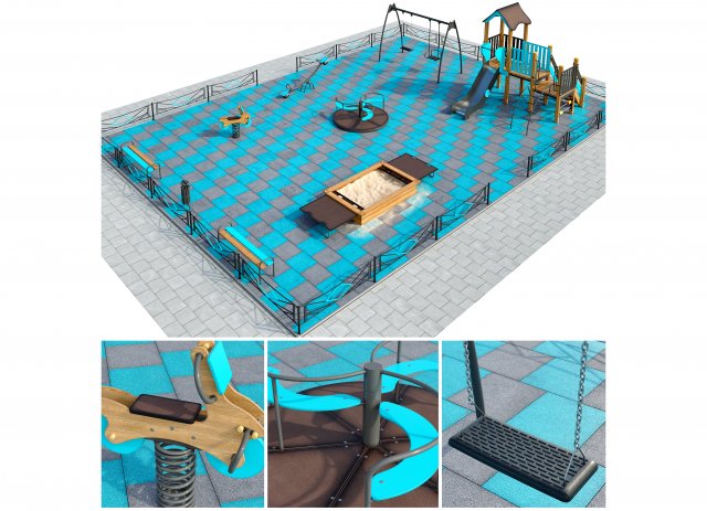 stilvoll türkis spielplatz 3d modell stadtansichten 3dexport kinder außen komplex sandkasten unterhaltung spiel spaß schwingen draussen hof gericht gebiet umgebung park karussell kindergarten rutschen straße element 3D print model - Mito3D