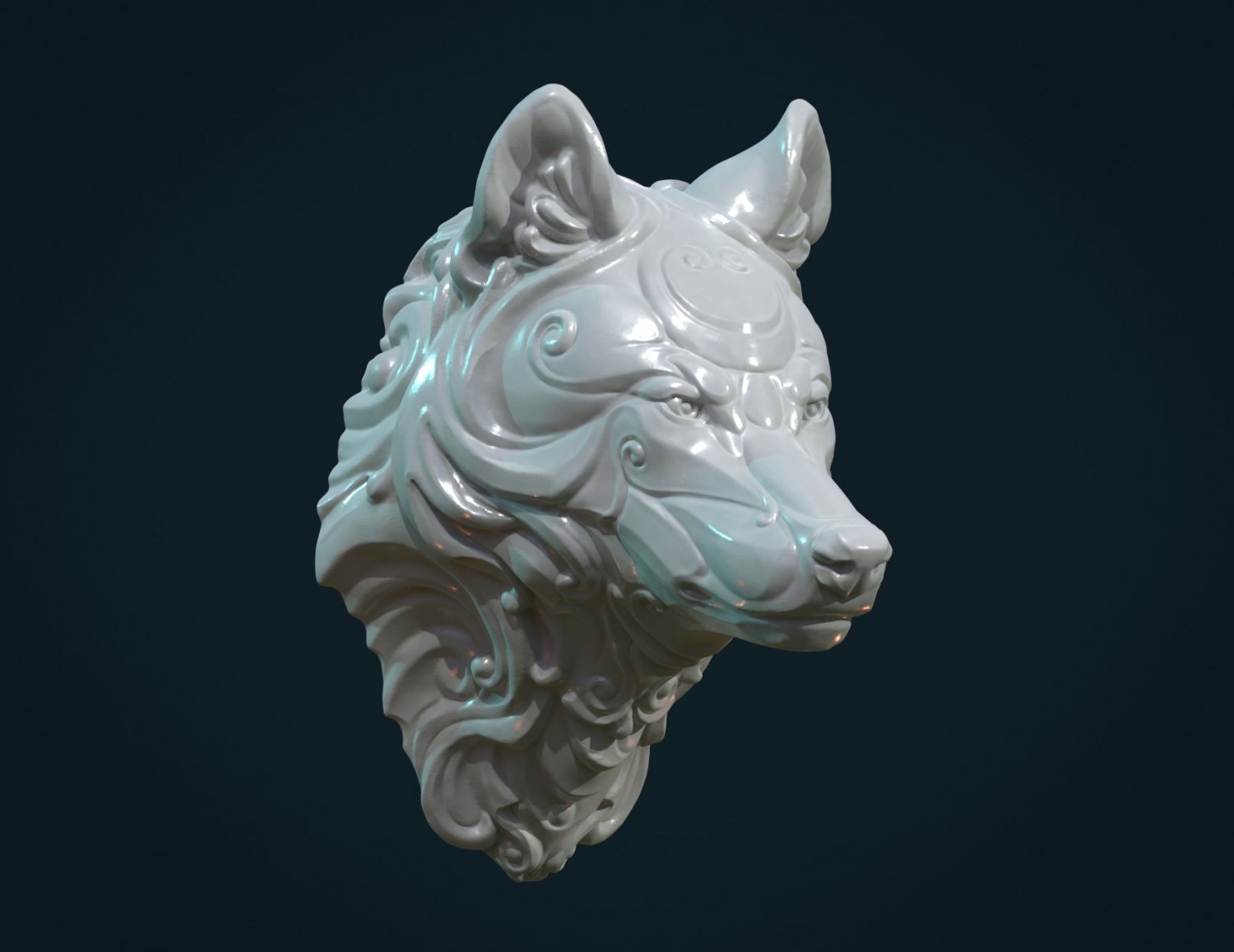 estilizada cabeza de lobo mascaron carnivora los mamíferos fir canino bestia la estatua escultura el barroco adornado se desplaza decoración 3D print model - Mito3D