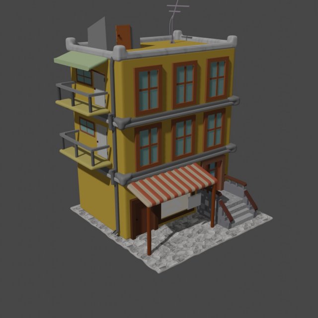 three-storey house window city building roof shop door ladder sight 3D print model - Mito3D
