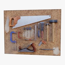 tool wall 18 tools hammer sharp tool carpenter clamp ruler square center punch plane drill bit hole cutting chisel scraper chipboard game pbr