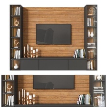 tv mur 02 3d modèle in table 3dexport meuble télévision bois livre décoration décoratif ensemble or lumière 3d print model - Mito3D