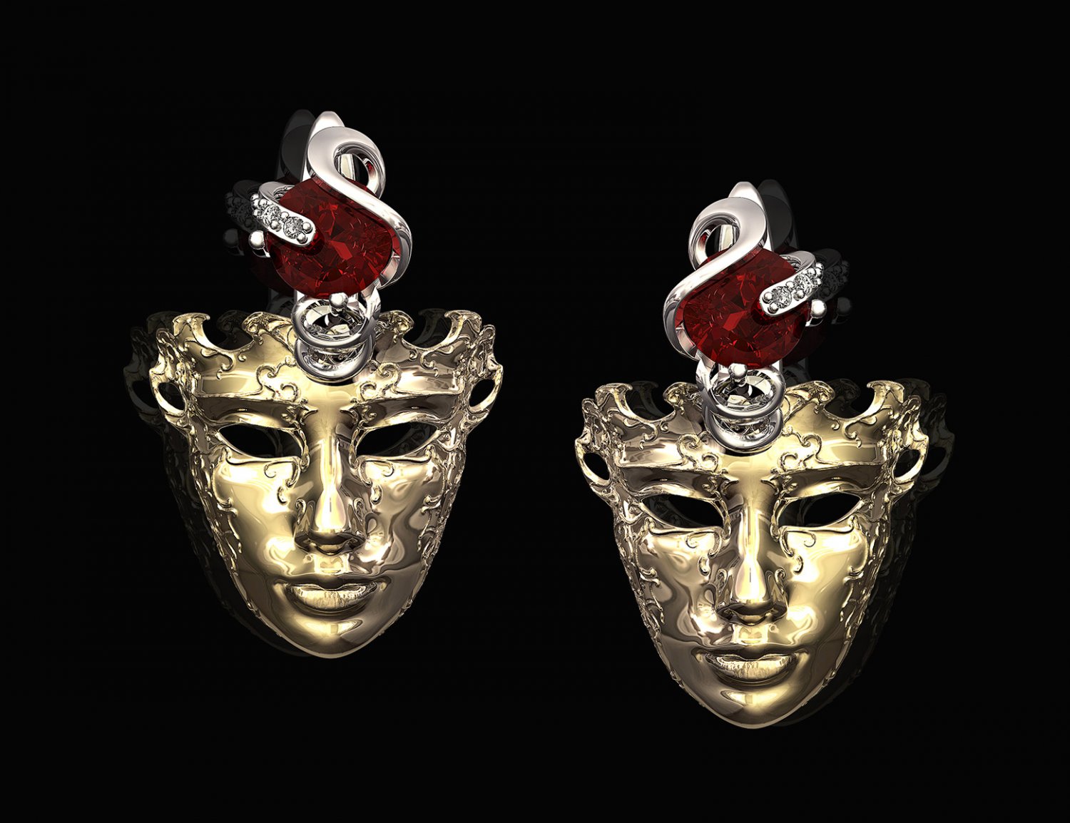 veneciano máscara pendientes 3d impresión modelo in 3dexport imprimible stl joyería joya arete oro plata platino brillante libra esterlina mujer elegante cara moda 3D print model - Mito3D