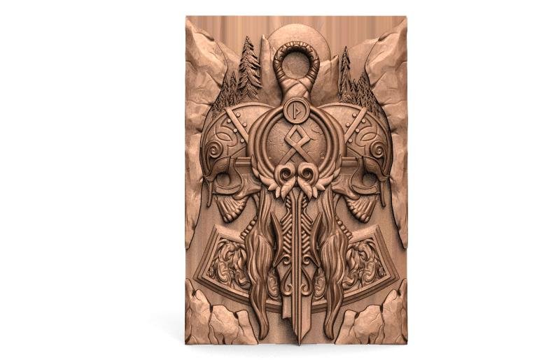 viking crâne cnc 3d impression modèle in panneaux logos 3dexport art soulagement artcam médiéval fantaisie thor marteau 3D print model - Mito3D