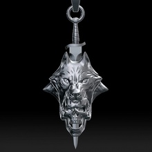 wolf head human skull pendant biker jewel jewellery man necklace medallion silver fox werewolf wild beast sword murder animal hunter knife weapon 3d print model - Mito3D
