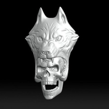 wolf head human skull wall decoration 3d print model in sculpture 3dexport dog jackal trophy werwolf hunting animal wild cnc printing milling hi poly native totem art 3d print model - Mito3D
