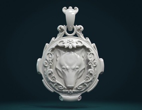 loup pendentif ii wolf carnivora tête baroque artistique art des beaux les boucles de la décoration bijoux feuilles 3d print model - Mito3D