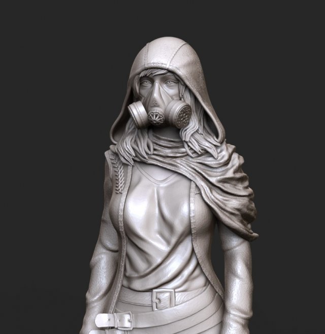 femme gaz masque 3d impression modèle stl haute poly danger virus épidémie pandémie chimique menace apocalypse catastrophe manteau survie bottes capuche ceinture respirateur 3D print model - Mito3D