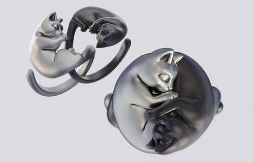 yin yang cats ring rings cat kitty animal pet kitten jewelry jewellery gold silver feline sculpture printable gem paws cute ying love hug 3d print model - Mito3D