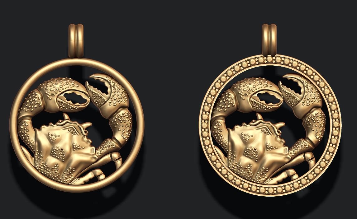 tierkreis krebs krabbe 3d drucken modell anhänger 3dexport horoskop schmuck juwel halskette magerit zbrush obj nashorn edelsteine druckbar stl gold silber 3D print model - Mito3D