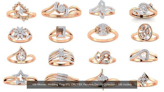 106 donne nozze squillare stl obj fbx esegue rendering dettagli collezione anelli anniversario nuziale diamante Fidanzamento oro gioielleria platino solitario anello stampabile moda 3d print model - Mito3D