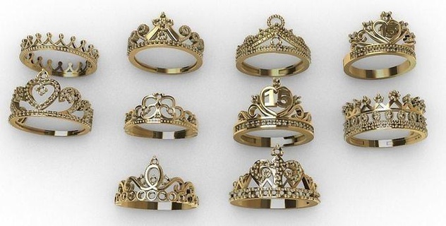 10 unidades senhora coroa argolas doce 15 coleção joalheria imprimível ouro gema brilhante precioso diamante anel moda beleza luxo 3d print model - Mito3D