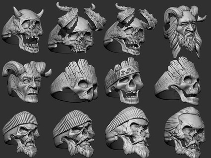 13 skull rings collection demon sculpt silver gold zbrush jewelry bijouterie 3d print model - Mito3D