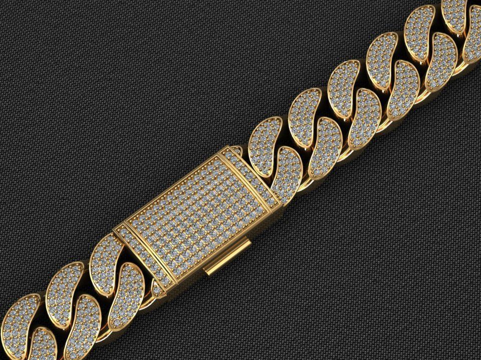 16 mm miami cuban link chain 3rows diamond bracelet or necklace monaco linkchain gold silver jewel jewellery jewelry 3dprint printable chocker gem necklaces bracelets 3D print model - Mito3D