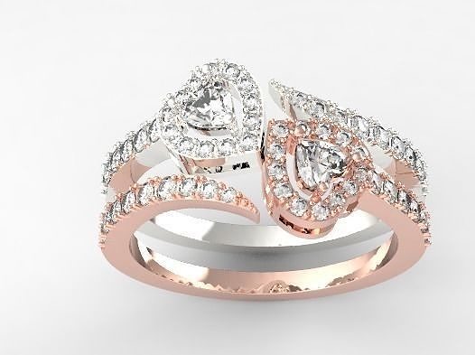 2 diamond heart ring jewelry gold silver printable jewel jewellery wedding rings 3D print model - Mito3D