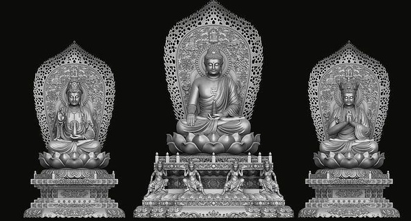 3 Buddha Statuen Dekoration Kunst Skulptur Schmuck uralt Religion Antiquität Dekor Muster Gold Silber Holz aufwendig Skulpturen Guanyin 3d print model - Mito3D