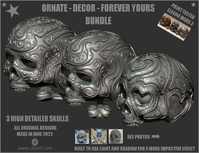 3 detailed skulls set 3dprint sculpture decorative figurine character gothic ornate hearts decor halloween stlfiles statue valentine collectable presupported art sculptures 3d print model - Mito3D