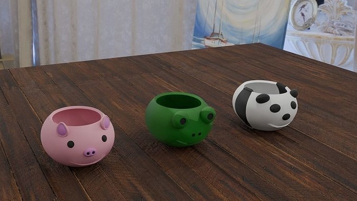 3 maceta oto saygın tela domuz kurbağa panda şirin plantas dekor ev 3d print model - Mito3D