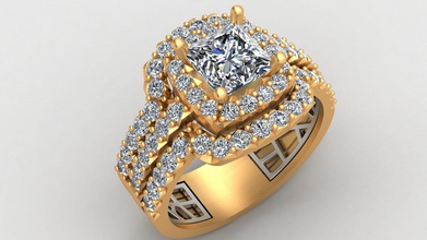 3 fila aureola compromiso diamante princesa oro anillo joyería joya brillante boda moda amortiguar imprimible mujer niña resumen lujo anillos 3d print model - Mito3D