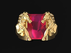 3d golden double horses ring jewelry jewel diamond gem engagement precious jewellery wedding gemstone sapphire emerald amethyst topaz lapidary gold lady rings 3d print model - Mito3D