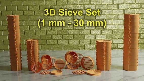 3d print ready sieve set 1 - 30 mm particle size range laboratory lab screen vibration mesh analysis equipment soil rock plant grain geological science stone industrial engineering 3d print model - Mito3D