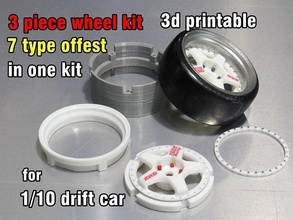 3d printable 3 piece wheel kit three rc drift car offset hobby diy automotive 3d print model - Mito3D