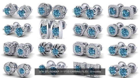 3dm-stl-render 33 stud earring files diamond 3dprint cad platinum engagement solitaire stone antique jewelry stud earrin earrings  3d print model - Mito3D