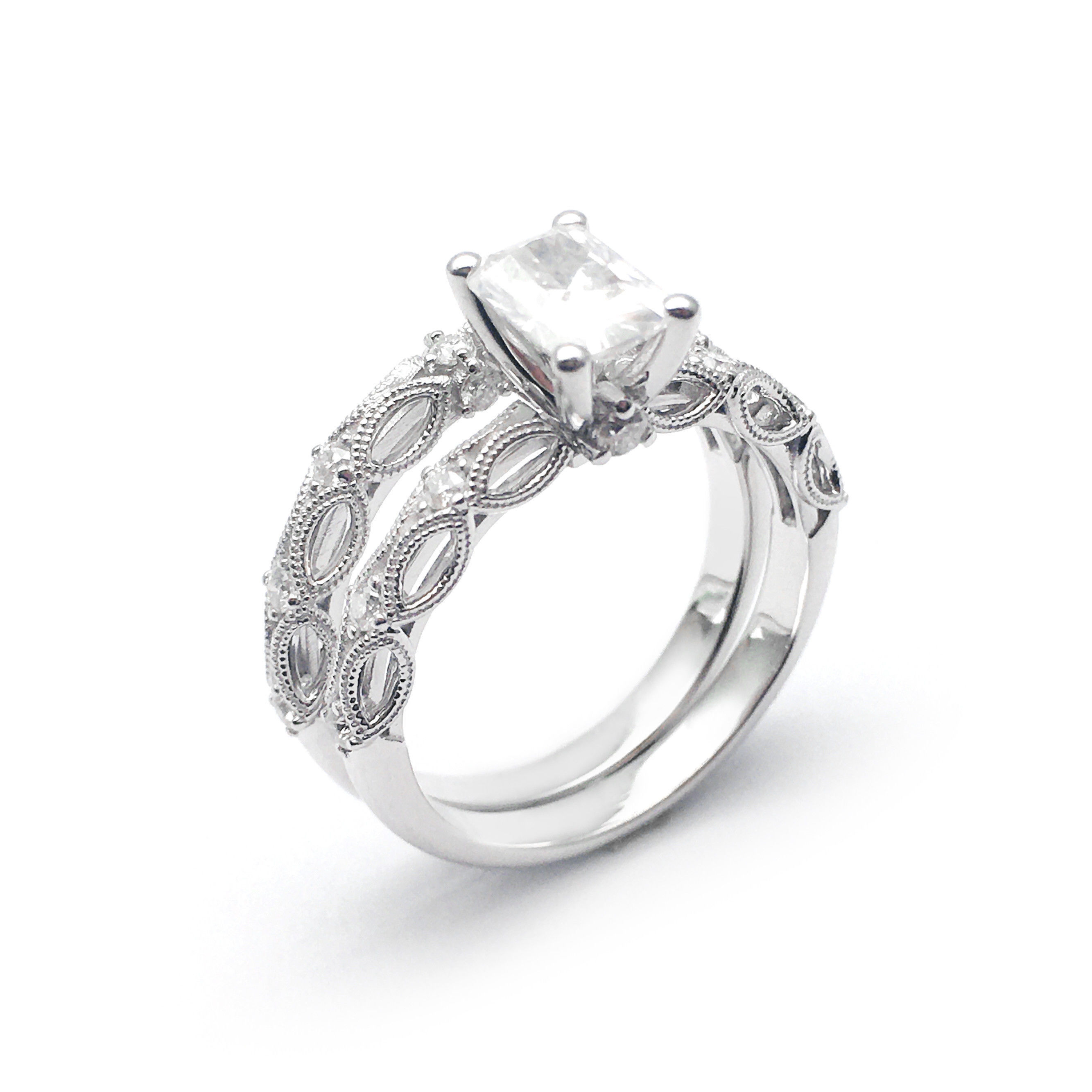 3dm vintage radiant cut bridal set women custom jewelry engagement ring wedding platinum silver diamond rings 3D print model - Mito3D