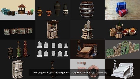 40 dungeon props - boardgames wargames dioramas board games diorama modelism warhammer warmachine frostgrave railway furniture old ancient container metal rail wood pottery toys 3d print model - Mito3D