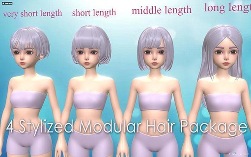 4 hembra niña estilizado módulo peinados highploy paquete fantasía desafío mujer joven cabello peluca cabeza sombreros anime 3d impresión malla salón Barbero Moda 3d print model - Mito3D