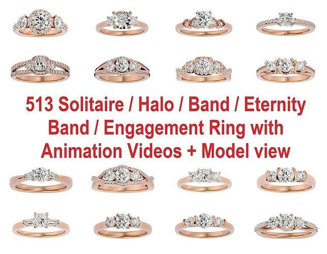 513 Solitaire yüzük elmas KADIN 360 görünüm yüzükler sterlin platin düğün nişan mücevher takı tek mono değerli animasyon moda grup 3D print model - Mito3D