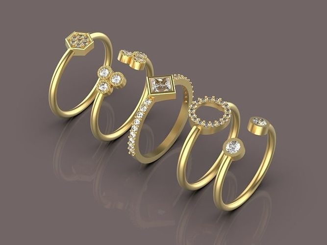 5 imprimable or engagement bague 3dprint bijoux argent diamant bijou anneaux mariage mode brillant gemme engagem pack 3D print model - Mito3D
