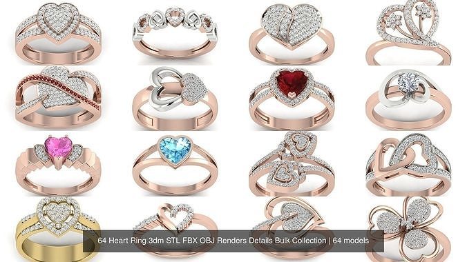 64 heart love valentine ring collection pendant wedding diamond engagement jewellery gold jewelry pendants collcetion bulk marriage rings solitaire 3D print model - Mito3D
