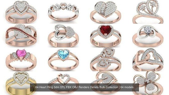 64 heart love valentine ring collection pendant wedding diamond engagement jewellery gold jewelry pendants collcetion bulk marriage rings solitaire 3d print model - Mito3D