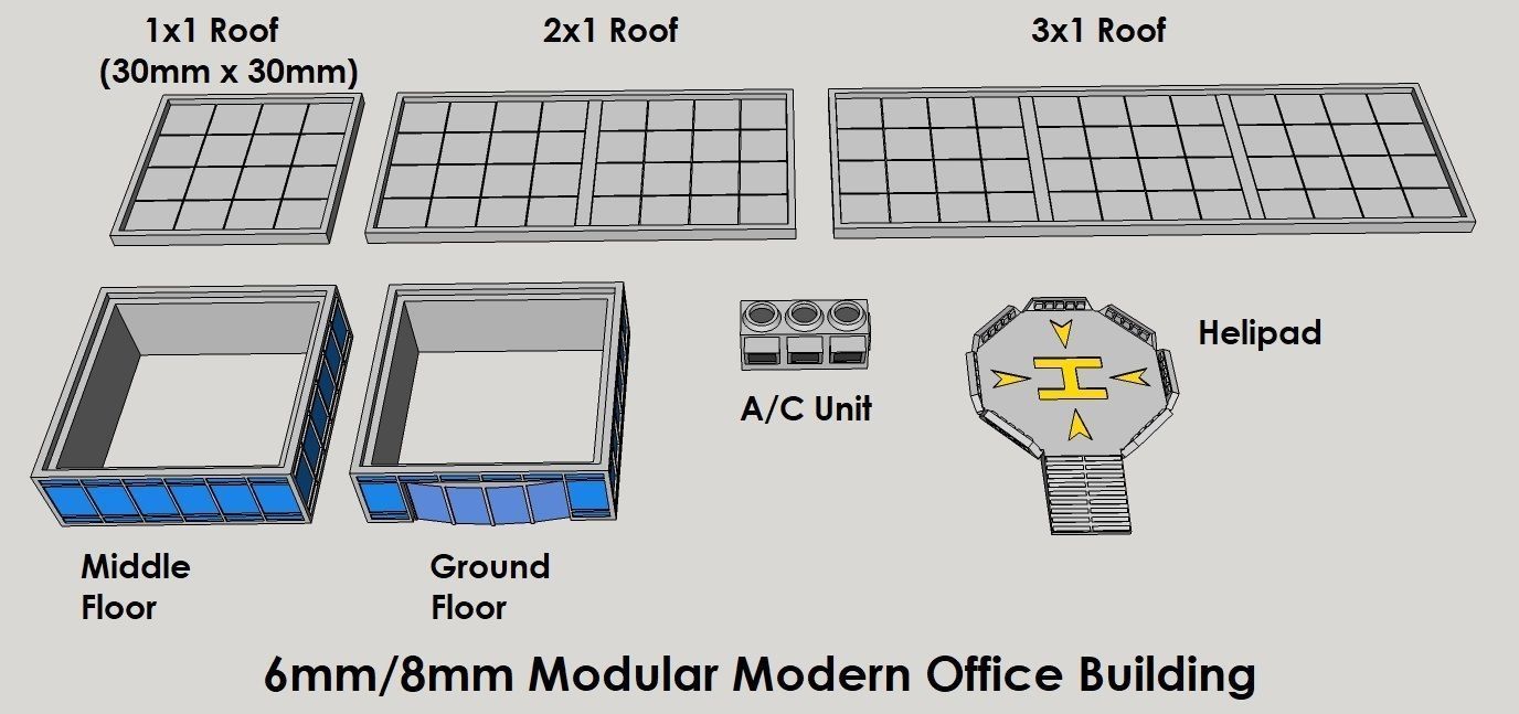 6mm or 8mm modular modern office building battletech epic dirtside wargaming terrain customizable games toys 3D print model - Mito3D