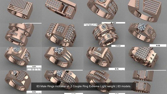 83 male rings inclusive 3 couple ring extreme light weight jewelry gold printable 3d print model - Mito3D