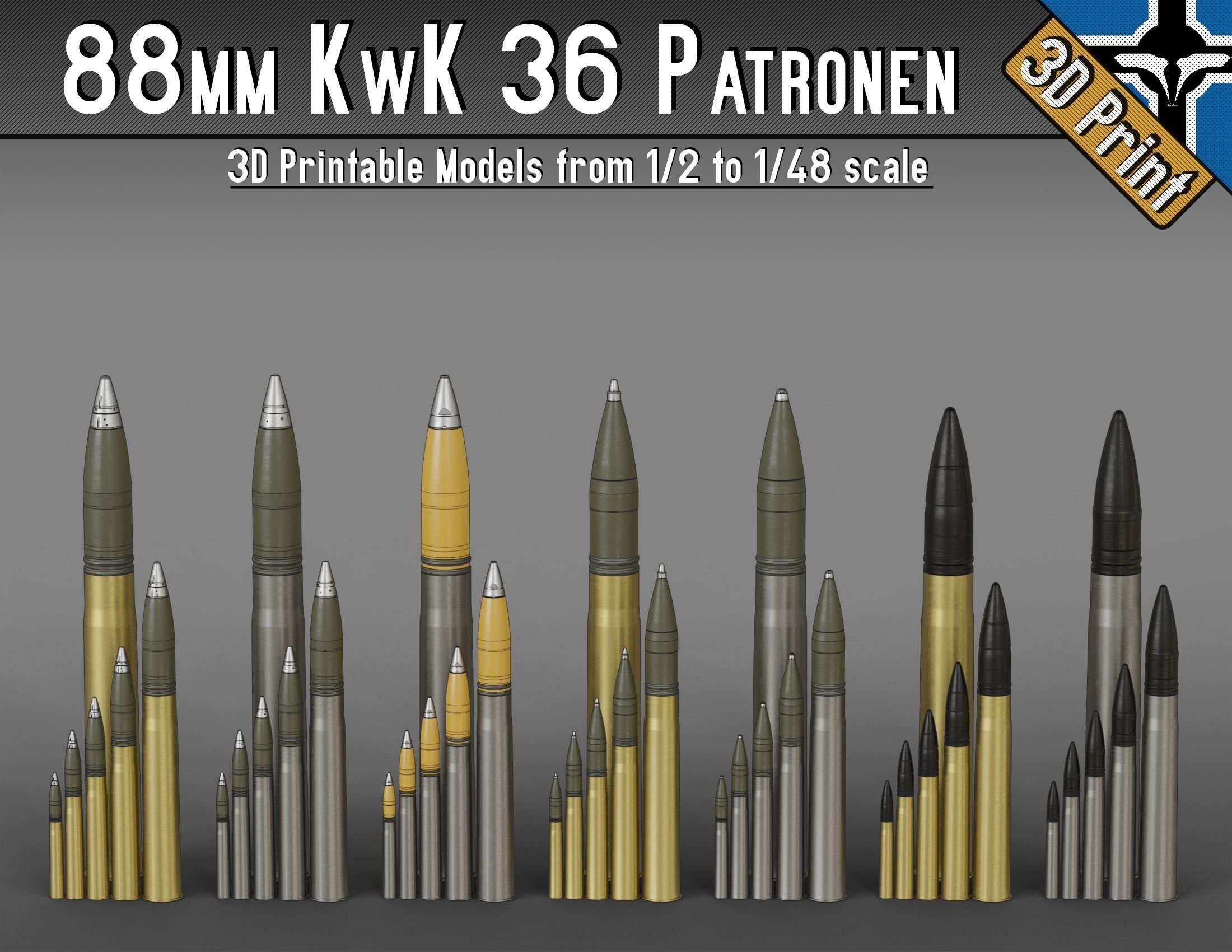 88mm kwk 36 patrones 1 2 to 48 escala modelos kwk36 pzgr pzgr39 pzgr40 sprgr tigre reproches cartucho apcbc apcr guerra mundial proyectil ww2 alemania 3d impresión pasatiempo bricolaje diy 3D print model - Mito3D