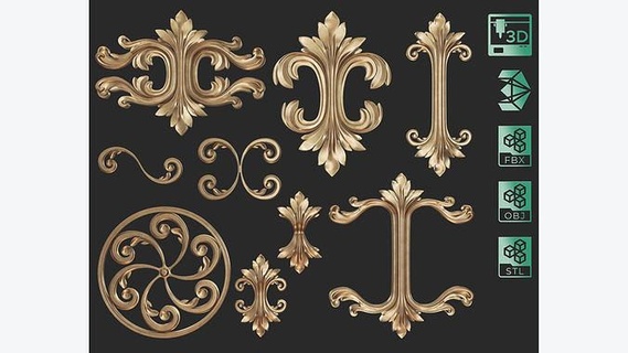 9 ornament samples flat backside symmetry baroque classic decor decoration antique rococo architectural interior decal corbel cnc cornce carving moulding relief kitbash rosette house 3d print model - Mito3D